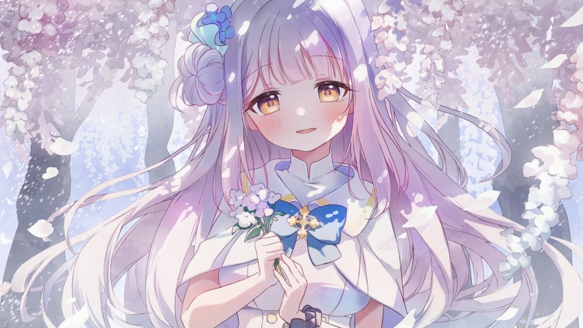 1girl blue_archive blue_flower blush breasts capelet cherry_blossoms dress flower hair_bun hair_flower hair_ornament highres holding holding_flower large_breasts long_hair looking_at_viewer mika_(blue_archive) open_mouth pink_hair single_side_bun smile solo spi upper_body white_capelet white_dress yellow_eyes