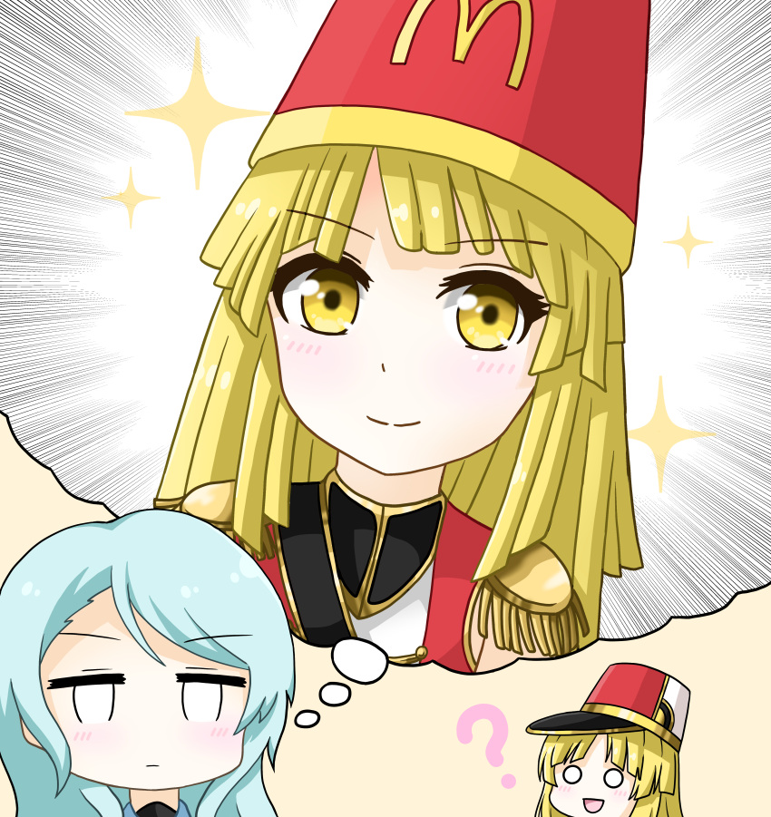 2girls :d ? absurdres bang_dream! blonde_hair blue_hair blush brown_background closed_mouth comedy commentary_request emphasis_lines epaulettes food french_fries goom_(goomyparty) hat highres hikawa_sayo imagining jacket long_hair mcdonald's multiple_girls o_o red_headwear red_jacket shako_cap smile sparkle swept_bangs tsurumaki_kokoro v-shaped_eyebrows yellow_eyes