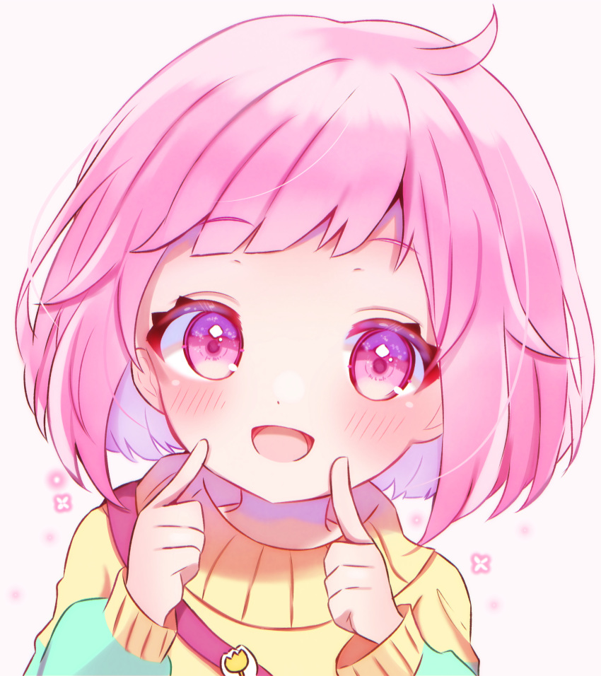 1girl absurdres aged_down gumi_(framboise_5204) highres long_sleeves multicolored_sweater ootori_emu open_mouth pink_eyes pink_hair project_sekai short_hair solo sweater white_background yellow_sweater