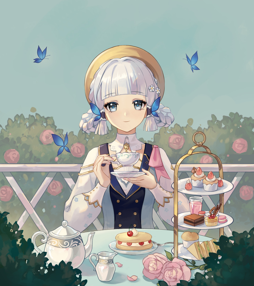 1girl absurdres blue_butterfly blue_dress blue_eyes blue_hair blue_sky blunt_bangs blunt_tresses braided_hair_rings brown_headwear bug butterfly closed_mouth collar commentary creamer_(vessel) cup cupcake dress flower food genshin_impact hair_flower hair_ornament highres holding holding_cup holding_saucer iimice kamisato_ayaka kamisato_ayaka_(springbloom_missive) light_blue_hair long_sleeves looking_at_viewer mole mole_under_eye multicolored_clothes multicolored_dress official_alternate_costume official_alternate_hairstyle outdoors pink_flower pink_rose red_flower red_rose rose rose_bush sandwich saucer sky smile solo symbol-only_commentary tea_set teacup teapot tiered_tray white_collar white_dress white_flower