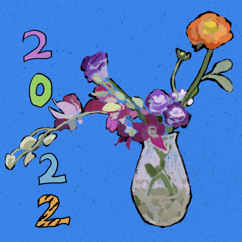 2022 blue_background flower highres kgeroua no_humans orange_flower original pink_flower purple_flower still_life vase