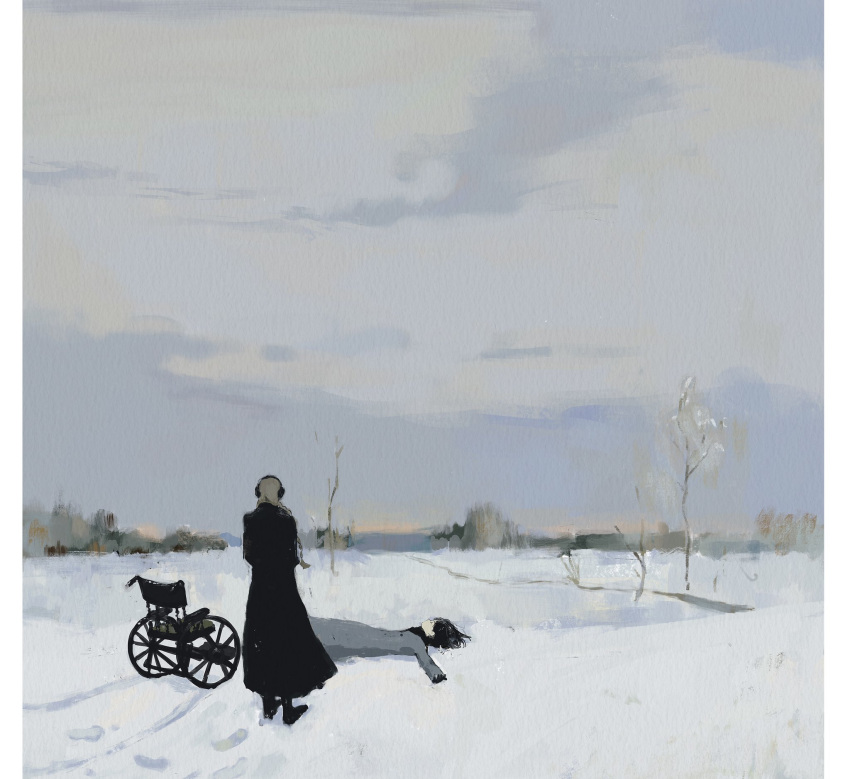 2girls black_coat black_hair brown_hair clouds cloudy_sky coat commentary day earmuffs footprints grey_coat highres horizon kgeroua long_sleeves lying multiple_girls on_back original outdoors painterly sky snow standing symbol-only_commentary tree wheelchair