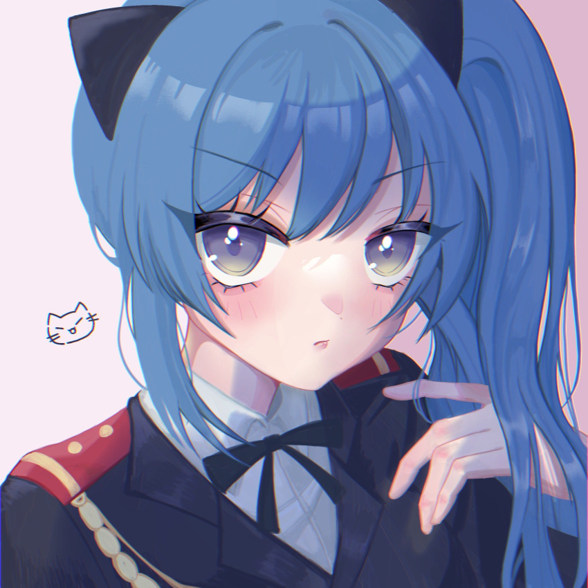 1girl aiguillette animal_ears assault_lily black_jacket black_ribbon blue_hair cat cat_ears chromatic_aberration closed_mouth collared_shirt commentary_request epaulettes fake_animal_ears gradient_background hand_in_own_hair hand_up high_ponytail highres ishikawa_aoi jacket light_blush long_hair long_sleeves looking_at_viewer myuru_(q_t_a_q) neck_ribbon pink_background portrait ribbon school_uniform shirt side_ponytail solo v-shaped_eyebrows violet_eyes white_shirt
