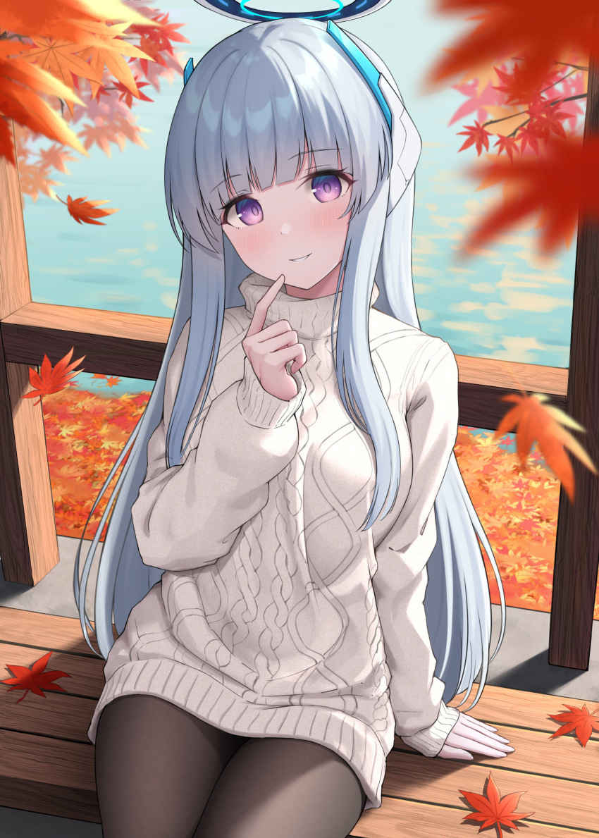 1girl absurdres aqua_hair autumn_leaves black_pantyhose blue_archive blush dress finger_to_mouth grey_hair halo headgear highres leaf long_hair long_sleeves looking_at_viewer maple_leaf mechanical_halo noa_(blue_archive) outdoors pantyhose sitting smile solo sweater sweater_dress topgear turtleneck violet_eyes white_halo white_sweater
