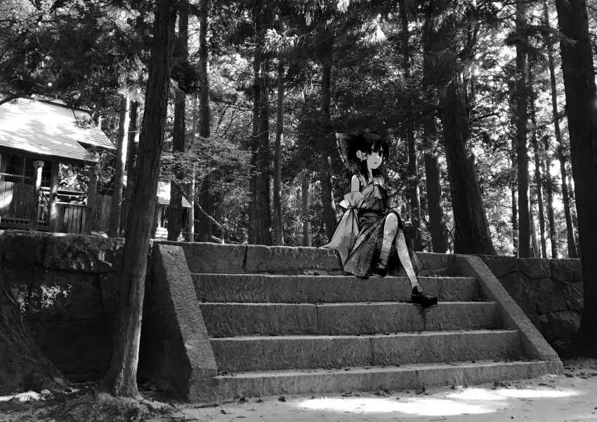 1girl ascot bow building commentary day detached_sleeves forest frilled_bow frills greyscale hair_bow hair_tubes hakurei_reimu highres looking_at_viewer medium_hair monochrome nature nodoguro_(phi-tan) open_mouth photo_background scenery shoes shrine sitting sitting_on_stairs skirt skirt_set solo stairs touhou tree