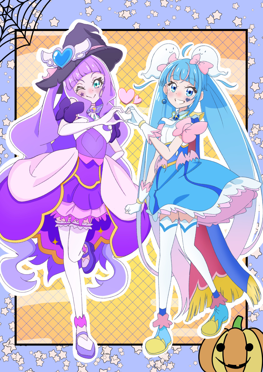 2girls ;) absurdres adapted_costume ahoge akizora_(aki_precure) ankle_boots aqua_eyes black_border black_headwear blue_cape blue_dress blue_footwear boots border bow bowtie brooch cape closed_mouth commentary cure_majesty cure_sky cut_bangs dress earrings elbow_gloves ellee-chan facial_mark fingerless_gloves frilled_dress frills fringe_trim ghost_hair_ornament gloves gradient_hair grin hair_ornament half-dress halloween halloween_costume hand_on_own_hip hat heart heart_hair_ornament highres hirogaru_sky!_precure jack-o'-lantern jewelry leg_up long_hair looking_at_viewer magical_girl medium_dress miniskirt multicolored_hair multiple_girls one_eye_closed outside_border pink_bow pink_bowtie pink_hair precure purple_dress purple_footwear purple_hair purple_skirt red_cape shoes short_dress silk single_earring skirt sleeveless sleeveless_dress smile sora_harewataru spider_web standing standing_on_one_leg star_(symbol) streaked_hair thigh-highs twintails two-sided_cape two-sided_fabric very_long_hair white_gloves white_thighhighs wing_brooch witch_hat