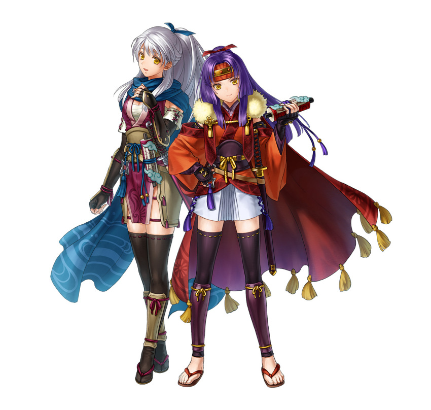 2girls arm_guards black_gloves black_thighhighs fingerless_gloves fire_emblem fire_emblem:_radiant_dawn fire_emblem_heroes gloves hair_ribbon hand_on_own_chest headband holding holding_scroll japanese_clothes long_hair looking_at_viewer micaiah_(fire_emblem) micaiah_(ninja)_(fire_emblem) multiple_girls ninja official_alternate_costume official_alternate_hairstyle official_art ponytail ribbon sanaki_kirsch_altina sanaki_kirsch_altina_(ninja) scarf scroll smile thigh-highs violet_eyes white_background white_hair yellow_eyes