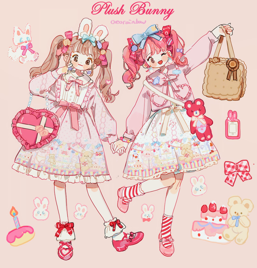 2girls :3 animal_bag animal_ear_hairband animal_ears animal_print ankle_socks artist_name bag bead_bracelet beads bear_print blue_bow blush_stickers bow bowtie bracelet brown_background brown_bag brown_eyes brown_hair buttons cake candle candy cellphone closed_mouth collar collared_jacket collared_shirt cookie_hair_ornament dress earrings english_text eyelashes finger_to_cheek flower food food-themed_hair_ornament footwear_bow frilled_bow frilled_collar frilled_shirt_collar frills full_body hair_bow hair_ornament hairband heart heart-shaped_bag heart_print highres holding holding_bag holding_hands jacket jewelry lace-trimmed_dress lace-trimmed_socks lace_trim leg_up lolita_fashion long_sleeves mary_janes medium_hair multiple_girls multiple_hair_bows one_eye_closed open_clothes open_jacket open_mouth original outstretched_arm phone pink_bag pink_bow pink_eyes pink_flower pink_footwear pink_jacket pink_rose plaid plaid_bow pom_pom_(clothes) pom_pom_earrings puffy_long_sleeves puffy_sleeves purple_bow putong_xiao_gou rabbit_ears red_bag red_bow red_socks rose shirt shoes shoulder_bag smartphone smile socks striped striped_socks stuffed_animal stuffed_toy teddy_bear tote_bag twintails two-tone_socks waist_bow white_bow white_dress white_hairband white_leg_warmers white_shirt white_socks yellow_bow yellow_bowtie