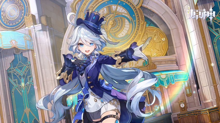 1girl ahoge ascot asymmetrical_gloves black_ascot black_gloves blue_ascot blue_brooch blue_eyes blue_gemstone blue_hair blue_headwear blue_jacket cowlick drop-shaped_pupils furina_(genshin_impact) gem genshin_impact gloves hair_between_eyes hat heterochromia highres jacket light_blue_hair long_hair long_sleeves looking_at_viewer mismatched_gloves mismatched_pupils multicolored_hair official_art open_mouth shorts smile solo streaked_hair third-party_source top_hat white_gloves white_hair white_shorts white_trim_bow