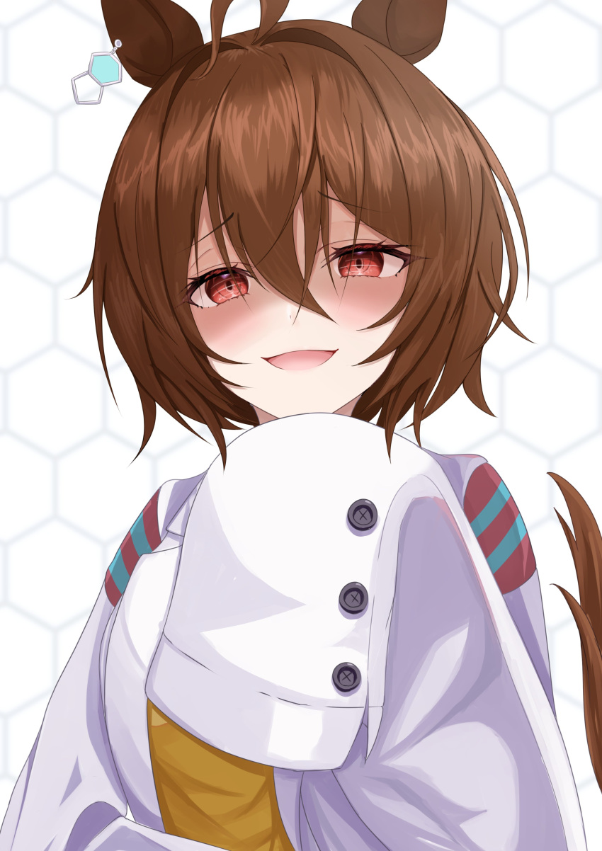 1girl absurdres agnes_tachyon_(umamusume) ahoge animal_ears brown_hair chemical_structure coat commentary_request earrings hair_between_eyes highres honeycomb_(pattern) horse_ears horse_girl horse_tail jewelry lab_coat looking_at_viewer messy_hair open_clothes open_coat open_mouth red_eyes short_hair simple_background single_earring sleeves_past_fingers sleeves_past_wrists solo sweater_vest tail tsuyusora umamusume white_background white_coat yellow_sweater_vest