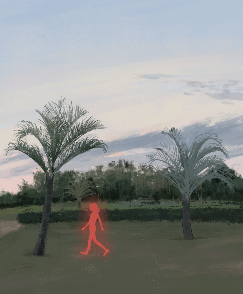 1girl blue_sky bush clouds commentary day english_commentary glowing grass highres kgeroua original outdoors palm_tree scenery sky solo tree