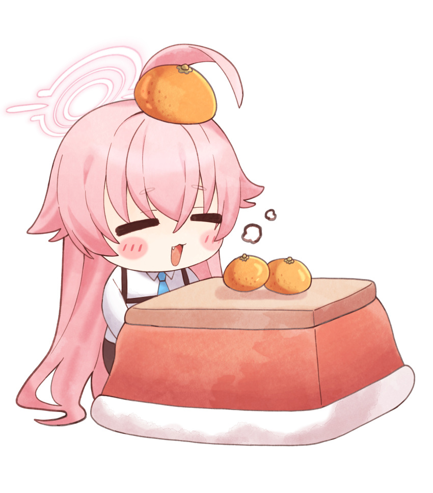 1girl absurdres ahoge blue_archive blue_necktie blush closed_eyes collared_shirt fang food food_on_head fruit fruit_on_head halo highres hoshino_(blue_archive) hwaen kotatsu long_hair long_sleeves mandarin_orange necktie object_on_head open_mouth pink_hair pink_halo shirt simple_background solo table white_background white_shirt
