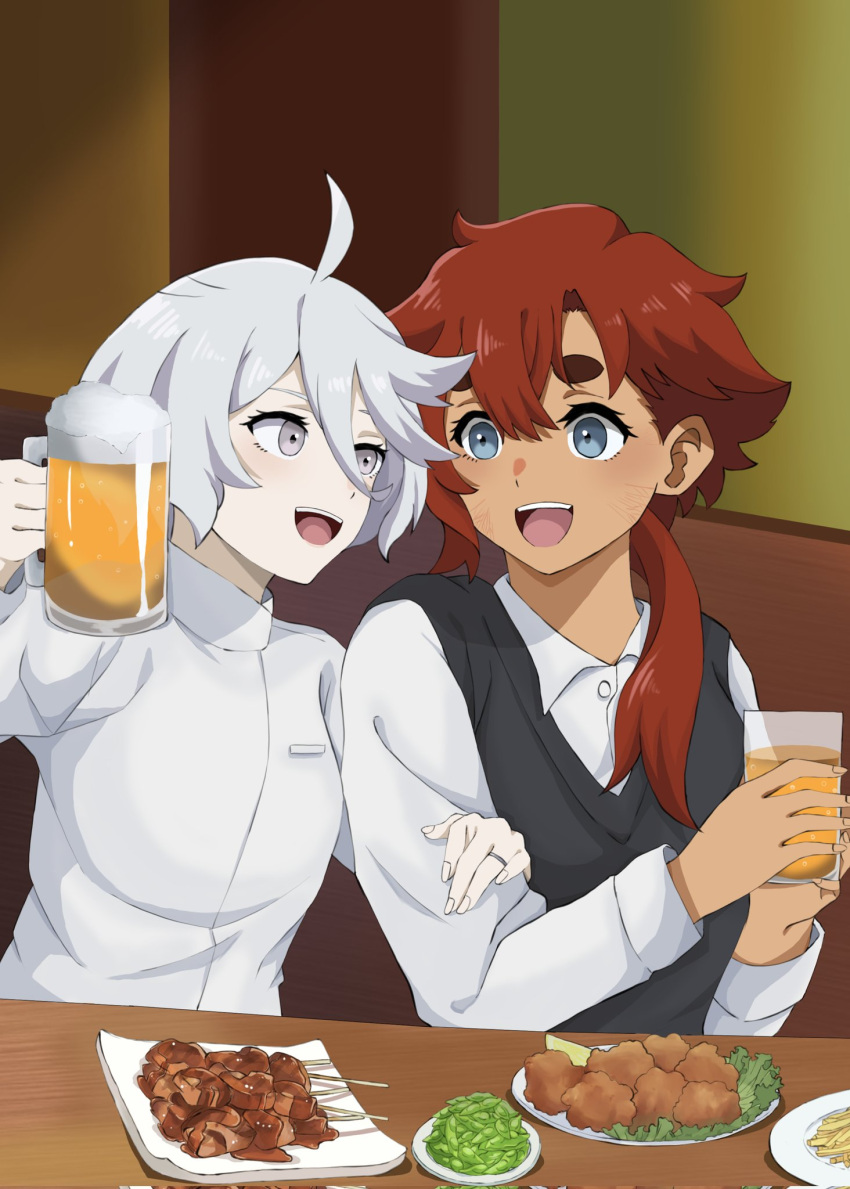 2girls :d ahoge alcohol beer beer_mug black_vest blue_eyes collared_shirt commentary corrupted_twitter_file cup dark-skinned_female dark_skin drink firu104287 food french_fries fried_chicken fruit grey_eyes gundam gundam_suisei_no_majo hair_between_eyes hair_over_shoulder hand_on_another's_arm highres holding holding_cup indoors jewelry kebab lemon lemon_slice lettuce long_hair long_sleeves looking_at_another miorine_rembran mug multiple_girls open_mouth pea_pod plate redhead ring shirt short_hair skewer smile suletta_mercury table teeth thick_eyebrows upper_body upper_teeth_only vest wedding_ring white_hair white_shirt yuri