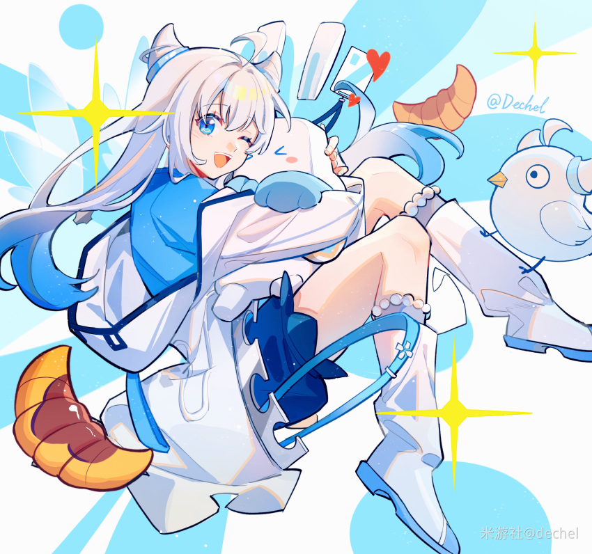 1girl ahoge bird blue_eyes blue_hair blue_shirt blue_shorts boots chinese_commentary commentary_request cone_hair_bun croissant dechel food full_body hair_bun hair_horns heart highres hug jacket knee_boots long_hair long_sleeves looking_at_viewer mascot mihoyo miyouji multicolored_hair one_eye_closed open_mouth shirt shorts smile solo sparkle streaked_hair twitter_username watermark white_background white_footwear white_hair white_jacket
