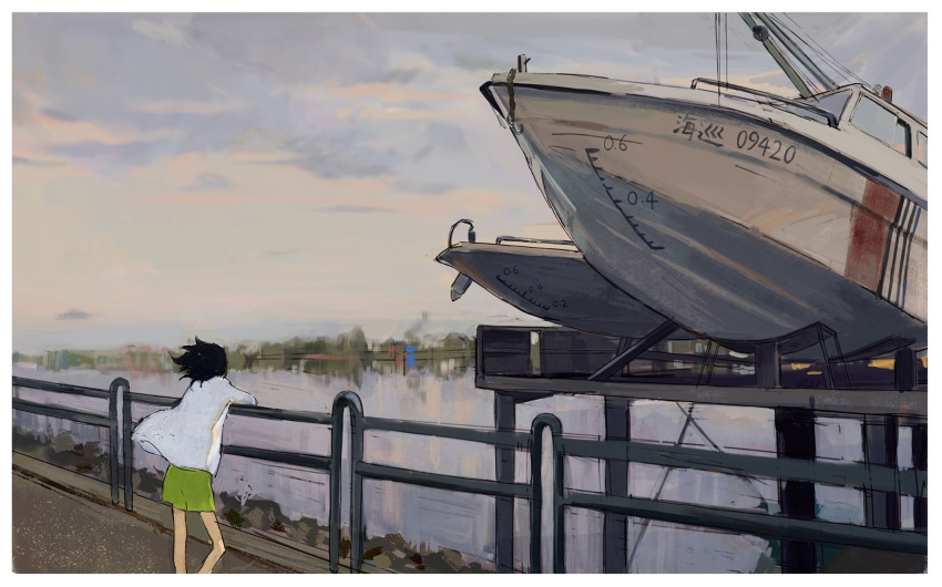 1girl bare_legs black_hair boat clouds cloudy_sky commentary dock dusk english_commentary feet_out_of_frame floating_hair from_behind green_shorts highres horizon kgeroua long_sleeves medium_hair original outdoors plimsoll_line railing reflection river shirt shorts sky solo watercraft white_shirt