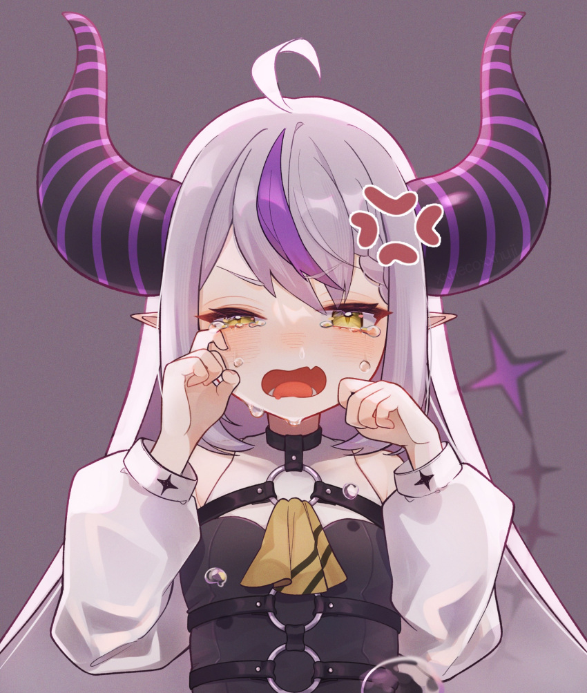 1girl ahoge angry ascot braid crying detached_sleeves fang fangs half-closed_eye highres hololive horns la+_darknesss long_hair long_sleeves multicolored_hair neko_no_fuji o-ring pointy_ears puffy_long_sleeves puffy_sleeves purple_hair skin_fang solo streaked_hair striped_horns tail tears upper_body virtual_youtuber white_hair wiping_tears yellow_ascot yellow_eyes