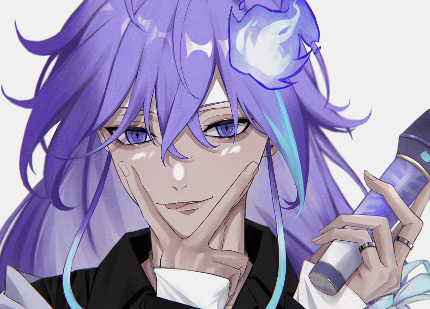 1boy :p antenna_hair aqua_hair banechiii black_shirt diamond-shaped_pupils diamond_(shape) earrings hair_between_eyes highres hitodama holding holding_microphone holostars jacket jewelry long_hair long_sleeves looking_at_viewer male_focus microphone minase_rio multicolored_hair multiple_rings off_shoulder portrait purple_hair ring shirt simple_background sleeves_past_fingers sleeves_past_wrists solo streaked_hair stud_earrings symbol-shaped_pupils tongue tongue_out v violet_eyes virtual_youtuber white_background white_jacket