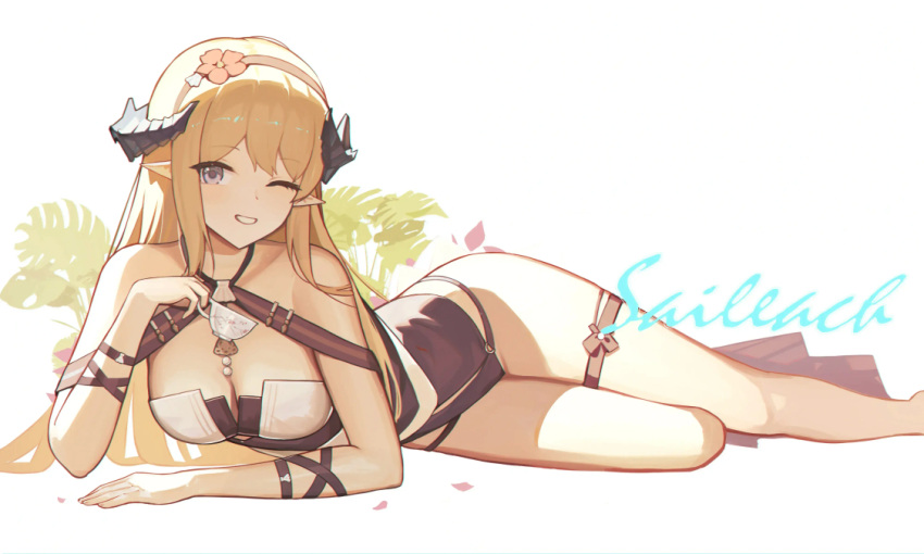 1girl arknights blonde_hair breasts character_name dragon_horns flower hair_flower hair_ornament horns large_breasts looking_at_viewer lying naughty_face non-web_source on_side saileach_(arknights) saileach_(summer_flowers)_(arknights) simple_background smile swimsuit