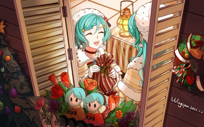 2girls absurdres aqua_hair bag bang_dream! bead_necklace beads character_doll christmas christmas_ornaments christmas_star christmas_tree closed_eyes dated dress flower flower_bed from_outside highres hikawa_hina hikawa_sayo holding holding_bag jewelry long_hair medium_hair multiple_girls necklace open_mouth open_shutters rose signature smile star_(symbol) star_necklace table tulip white_headwear window wreath yellow_dress