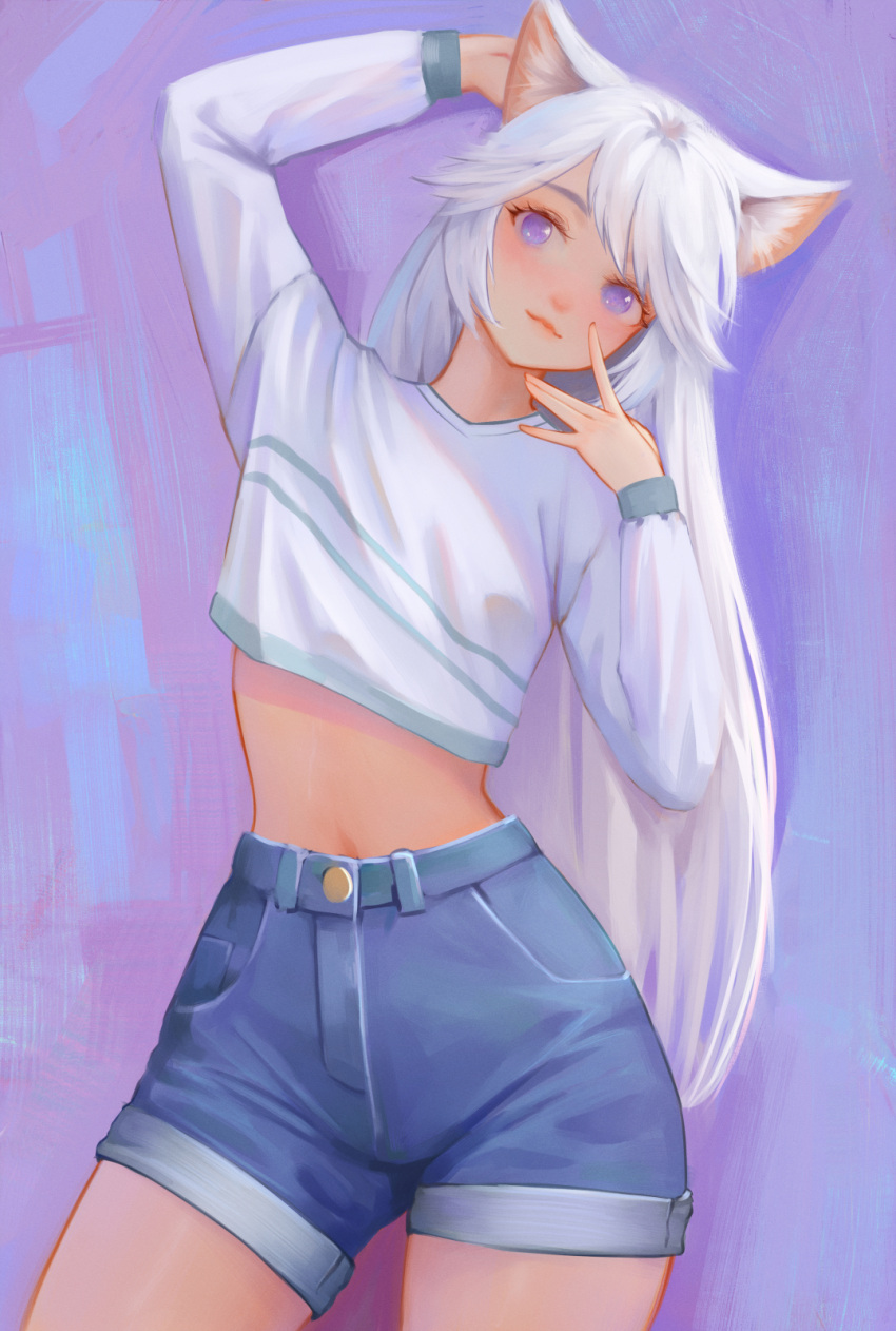1girl animal_ears arms_up buttons cat_ears cat_girl cowboy_shot cropped_sweater denim denim_shorts highres long_hair long_sleeves navel original purple_background shchrit shorts sweater very_long_hair violet_eyes white_hair white_sweater