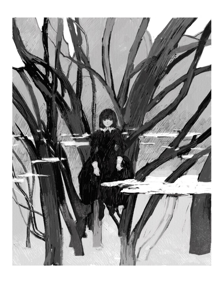 1girl bare_tree closed_mouth dress expressionless fog full_body greyscale highres kgeroua long_sleeves looking_at_viewer medium_hair monochrome original outdoors snow solo tree