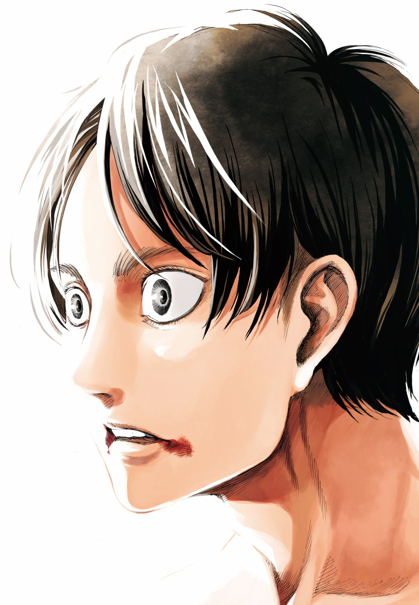 1boy absurdres blending blood blood_from_mouth eren_yeager eyelashes highres isayama_hajime light looking_ahead male_focus official_art portrait sanpaku second-party_source shingeki_no_kyojin short_hair solo wide-eyed