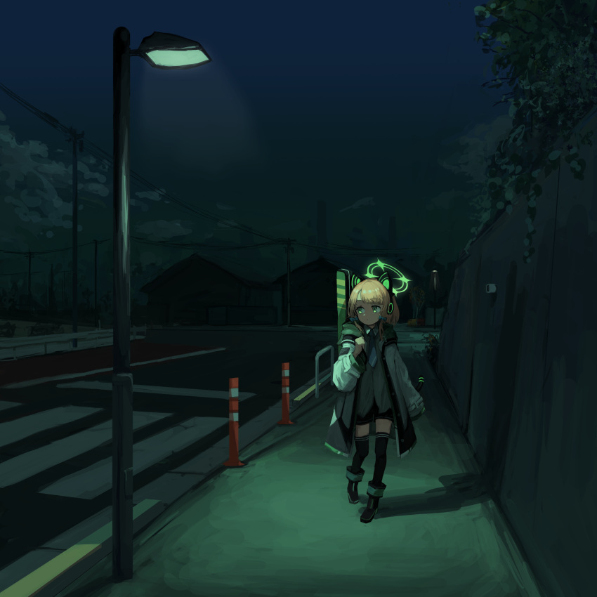 1girl absurdres animal_ear_headphones animal_ears black_footwear black_shorts black_thighhighs blue_archive blue_bow boots bow building cat_ear_headphones closed_mouth clouds coat crosswalk fake_animal_ears green_eyes hair_bow halo hat headphones highres k6tetsu lamppost long_sleeves midori_(blue_archive) night open_clothes open_coat orange_eyes outdoors shadow shorts sidewalk sky solo thigh-highs walking