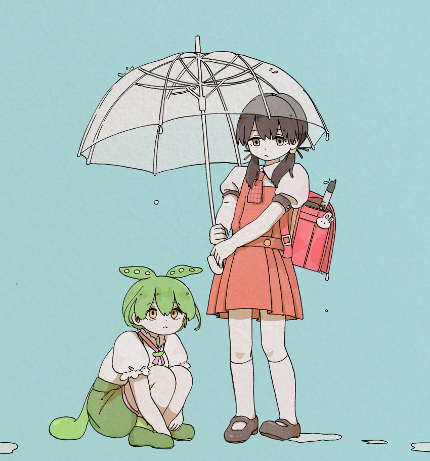 2girls absurdres backpack bag bag_charm black_hair blue_background brown_eyes brown_footwear charm_(object) collared_shirt commentary_request dress full_body green_footwear green_shorts hair_over_shoulder highres holding holding_umbrella instrument kaai_yuki kneehighs knees_to_chest long_hair looking_at_another looking_up low_ponytail low_twintails multiple_girls pinafore_dress pleated_dress puddle puffy_short_sleeves puffy_sleeves rain randoseru recorder red_dress sabaku_(saba9) shirt short_dress short_sleeves shorts simple_background sleeveless sleeveless_dress socks squatting standing traditional_media transparent transparent_umbrella twintails umbrella v_arms vocaloid voicevox watercolor_pencil_(medium) white_shirt white_socks yellow_eyes zundamon