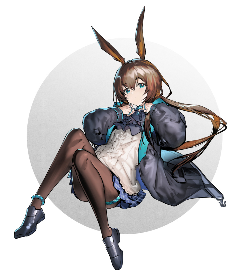1girl amiya_(arknights) animal_ears anklet arknights bad_hands black_footwear black_jacket blue_bow blue_bowtie blue_eyes blue_skirt bow bowtie brown_hair brown_pantyhose clenched_hands commentary full_body gradient_background grey_background hayama_eishi highres jacket jewelry knees_up light_frown long_hair looking_at_viewer multiple_rings open_clothes open_jacket pantyhose plaid plaid_skirt ponytail rabbit_ears rabbit_girl ring shirt simple_background skirt solo thigh_strap white_background white_shirt