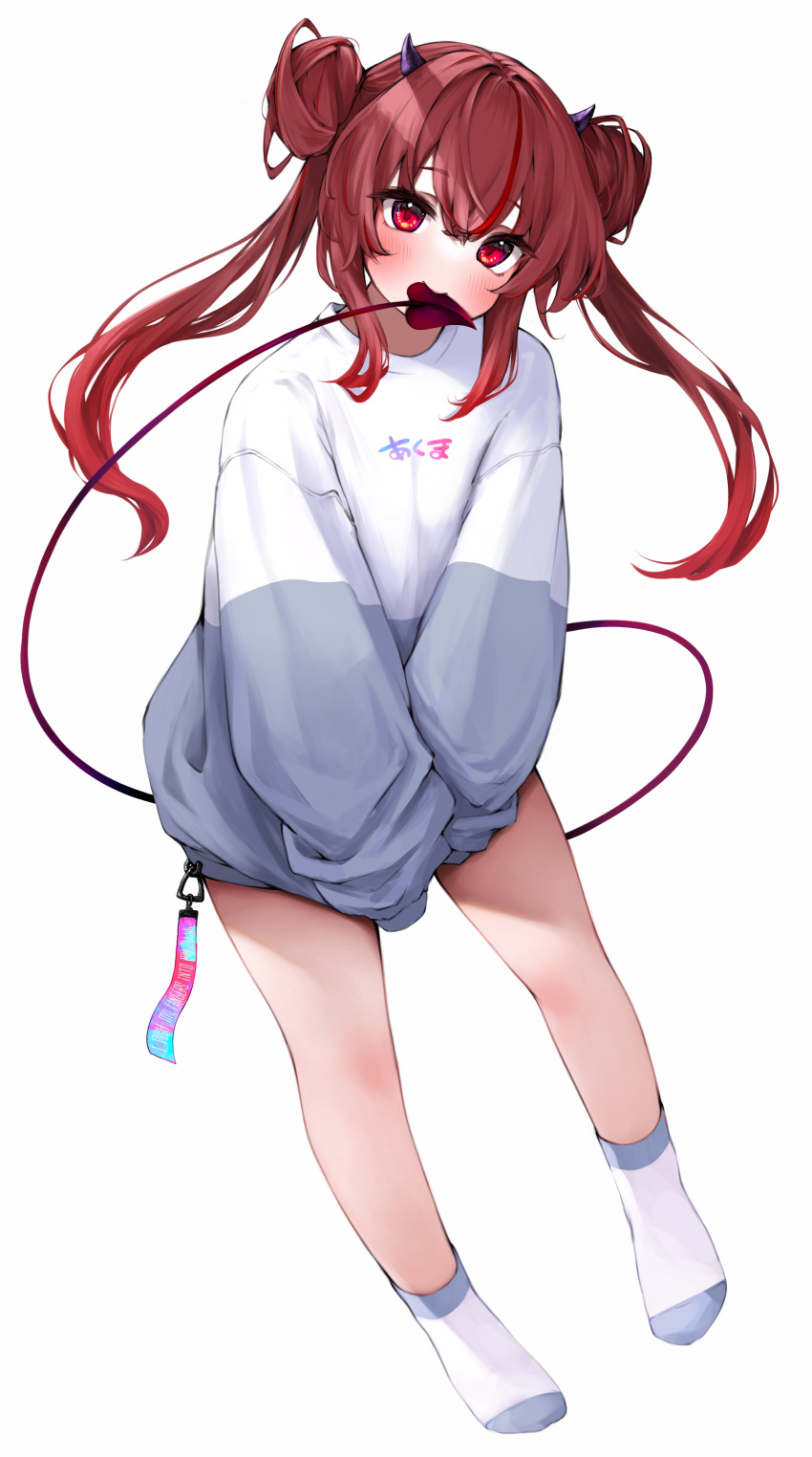 1girl absurdres blue_hoodie blush clothes_writing demon_girl demon_tail double_bun hair_bun highres hood hoodie horns kohe_billialot long_hair looking_at_viewer multicolored_clothes multicolored_hoodie original own_hands_together red_eyes redhead simple_background sleeves_past_wrists socks tail tail_in_mouth twintails white_background white_hoodie