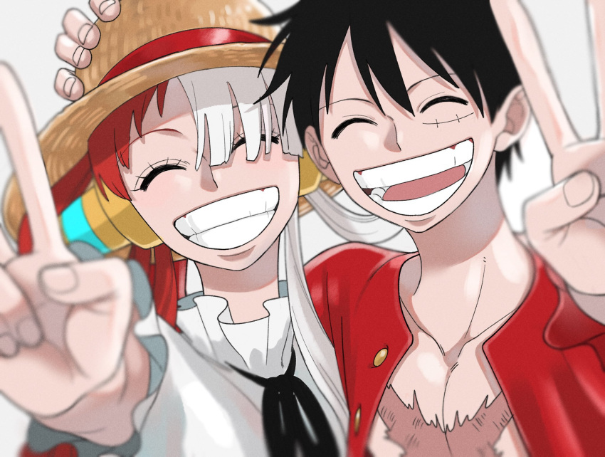 1boy 1girl black_hair black_ribbon blush closed_eyes commentary_request hair_rings hand_on_headwear hat headphones highres kotaa long_hair monkey_d._luffy multicolored_hair one_piece one_piece_film:_red open_clothes open_mouth red_shirt redhead ribbon scar scar_on_cheek scar_on_chest scar_on_face shirt short_hair smile split-color_hair straw_hat teeth twintails two-tone_hair uta_(one_piece) v white_hair
