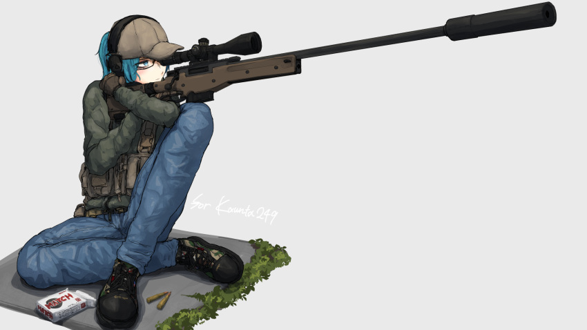 1girl aze_(tyranno-link) baseball_cap black-framed_eyewear blue_eyes blue_hair blue_pants brown_gloves brown_headwear bullet camouflage_footwear closed_mouth commentary_request commission ear_protection glasses gloves green_jacket grey_background gun hat highres hugging_object jacket knee_up original pants rifle scope shoes simple_background sitting skeb_commission sniper_rifle solo weapon weapon_request