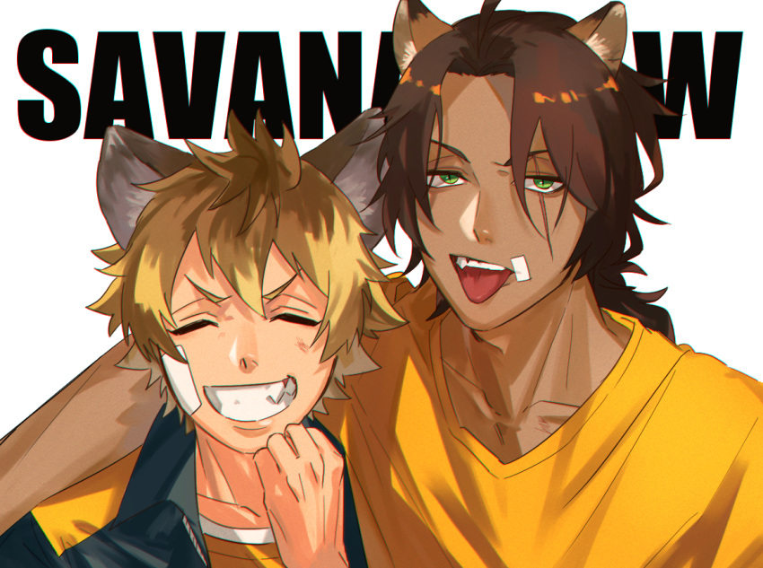 2boys animal_ears arm_around_shoulder bandage_on_face bandages closed_eyes facing_viewer green_eyes grin hyena_ears leona_kingscholar lion_ears looking_at_viewer male_focus mirin_(coene65) multiple_boys ruggie_bucchi scar scar_across_eye shirt slit_pupils smile teeth tongue tongue_out twisted_wonderland white_background yellow_shirt