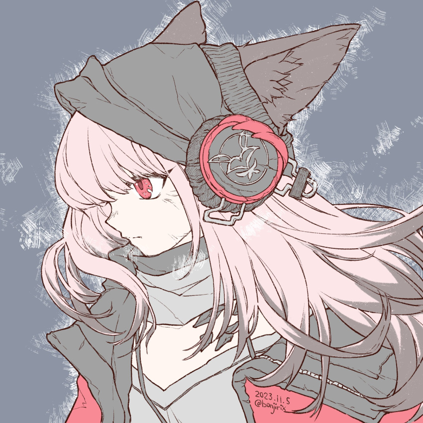 1girl angry animal_ear_fluff animal_ears arknights beanie behind-the-head_headphones black_hair black_headwear bonjirix colored_tips commentary dated dirty dirty_face fox_ears fox_girl frostleaf_(arknights) frown grey_scarf grey_shirt hat hatching_(texture) headphones highres implied_extra_ears jacket long_hair looking_to_the_side multicolored_hair open_clothes open_jacket oripathy_lesion_(arknights) pink_hair red_eyes red_jacket scarf shirt signature solo v-neck