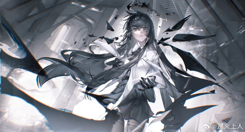 1girl architecture arknights artist_name ascot backlighting belt belt_buckle black_ascot black_belt black_bustier black_eyes black_eyeshadow black_gloves black_hair black_halo black_skirt black_thighhighs black_wings blurry blurry_background blurry_foreground breasts broken_halo buckle bustier chinese_commentary chinese_text chromatic_aberration closed_mouth collared_jacket commentary_request cowboy_shot dark_halo depth_charge detached_wings dress_shirt energy_wings eyelashes eyeshadow floating_hair gloves glowing grey_shirt hair_between_eyes halo hands_up highres holding holding_paper indoors jacket layered_sleeves light_particles light_smile lips long_hair long_sleeves looking_at_viewer makeup miniskirt mole mole_under_eye open_hand originium_arts_(arknights) outer_glow outstretched_hand pale_skin paper pleated_skirt shirt short_over_long_sleeves short_sleeved_jacket short_sleeves sidelocks skirt solo standing thigh-highs very_long_hair virtuosa_(arknights) watermark weibo_5467123439 weibo_logo weibo_username white_belt white_jacket wide_sleeves wing_collar wings zettai_ryouiki