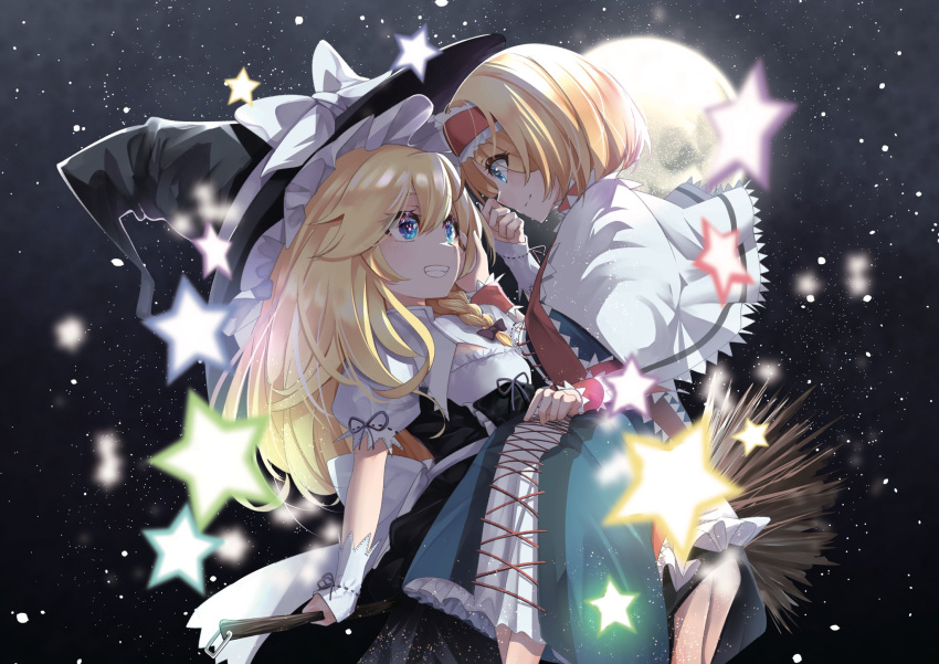 2girls alice_margatroid black_ribbon blonde_hair blue_dress blue_eyes bow braid broom broom_riding capelet commentary_request dress eye_contact frilled_hairband frills full_moon hair_bow hair_ribbon hairband hat hat_bow highres kirisame_marisa lolita_hairband long_hair looking_at_another moon multiple_girls night night_sky nodoguro_(phi-tan) open_mouth red_hairband red_wrist_cuffs ribbon short_hair side_braid single_braid sitting sitting_on_lap sitting_on_person sky smile star_(sky) star_(symbol) touhou white_bow white_capelet white_wrist_cuffs witch_hat wrist_cuffs yuri