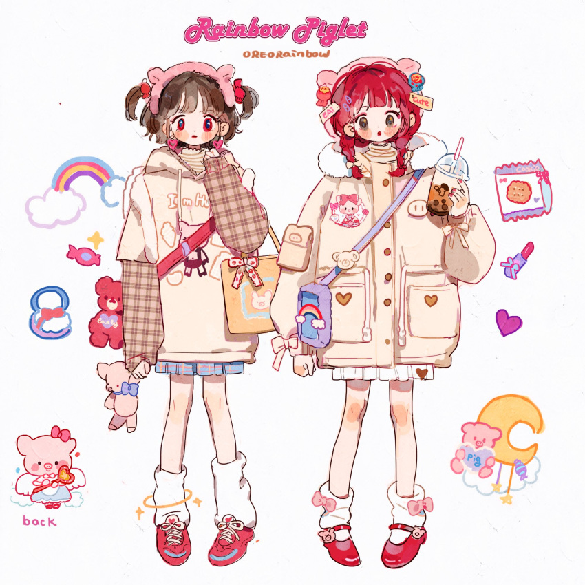 2girls :o animal_ear_headwear animal_ears ankle_socks artist_name backpack bag blue_skirt blunt_bangs blush_stickers bow bow_legwear braid brown_coat brown_eyes brown_hair brown_hoodie brown_shirt brown_sleeves buttons candy_hair_ornament cloud_print clouds coat coffee cookie crescent_moon cross-laced_footwear cup disposable_cup drinking_straw earrings english_text eyelashes food food-themed_hair_ornament food_print footwear_bow full_body fur-trimmed_hood fur_trim hair_bow hair_ornament hairband hairclip halo hand_on_own_neck heart heart_earrings heart_print highres holding holding_cup hood hood_down hooded_coat hoodie jewelry layered_sleeves lolita_fashion long_sleeves mary_janes medium_hair miniskirt moon multiple_girls open_mouth original parted_lips pig_ears pig_print pink_bow pink_hairband plaid plaid_skirt plaid_sleeves pleated_skirt pocket price_tag puffy_long_sleeves puffy_sleeves purple_bag putong_xiao_gou rainbow_print red_eyes red_footwear redhead shirt shoes short_hair short_over_long_sleeves short_sleeves shoulder_bag skirt sleeve_bow sneakers socks sparkle star_(symbol) strawberry_print striped striped_shirt tote_bag turtleneck twin_braids two_side_up white_background white_bag white_bow white_leg_warmers white_skirt white_socks yellow_bag