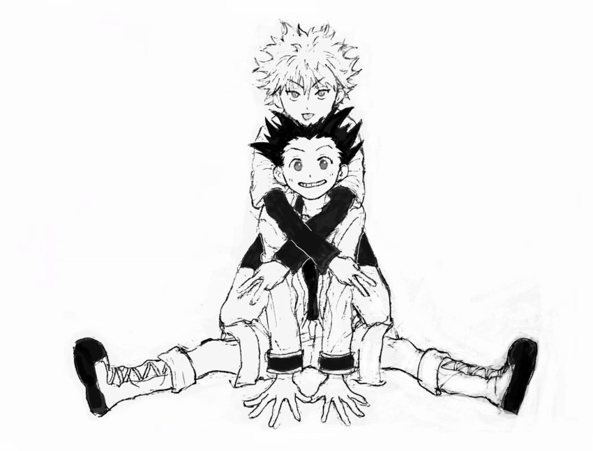 2boys arms_around_neck boots commentary gon_freecss greyscale grin highres hunter_x_hunter jacket kgeroua killua_zoldyck layered_sleeves long_sleeves looking_at_viewer male_focus monochrome multiple_boys short_hair short_over_long_sleeves short_sleeves shorts smile spiky_hair tongue tongue_out v-shaped_eyebrows