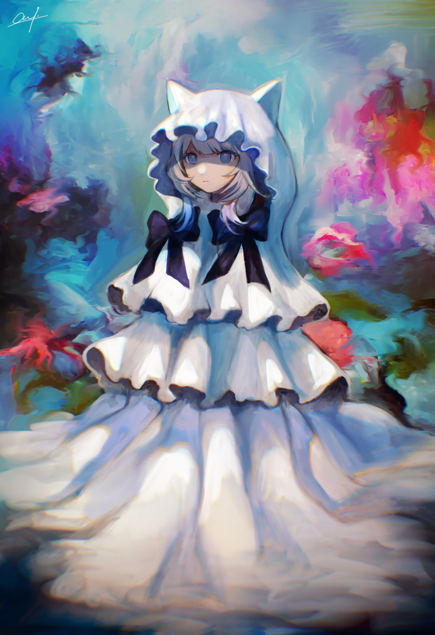 1girl abstract_background animal_ear_hood black_bow blonde_hair blue_eyes bow ccnaov cloak closed_mouth expressionless frills highres hood hood_up hooded_cloak looking_at_viewer multicolored_background original shaded_face signature solo standing white_cloak