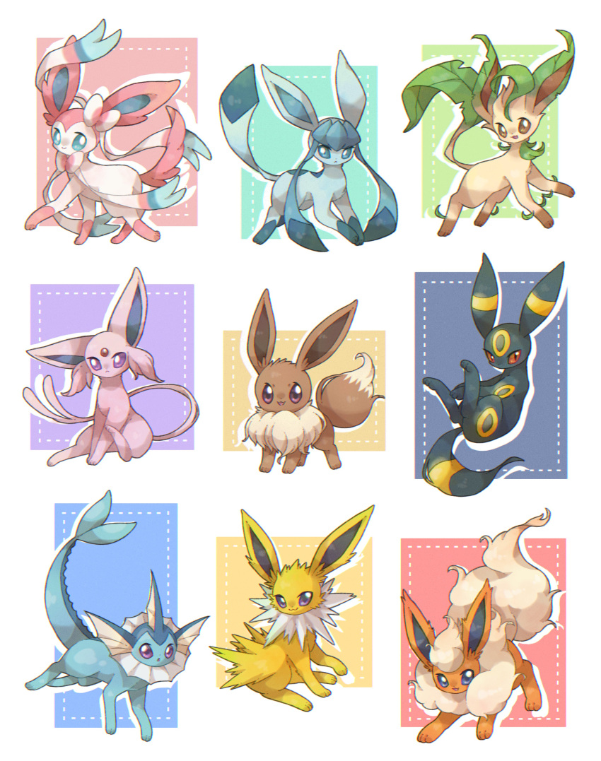 absurdres animal_hands blue_background blue_eyes bow bowtie brown_eyes collage commentary_request dot_nose eevee espeon fins flareon forked_tail fur_collar gem glaceon green_background head_fins highres jolteon leaf leafeon looking_at_viewer no_humans open_mouth pink_background pokemon pokemon_(creature) purple_background red_background red_eyes red_gemstone ribbon sitting sylveon tail towa_(clonea) umbreon vaporeon violet_eyes white_background white_bow white_bowtie white_fur yellow_background yellow_fur