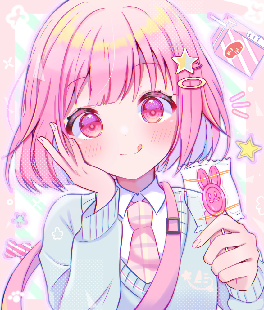 1girl :q absurdres blue_sweater candy food gumi_(framboise_5204) hair_between_eyes hair_ornament highres holding holding_food long_sleeves necktie ootori_emu pink_eyes pink_hair pink_necktie project_sekai solo star_(symbol) star_hair_ornament sweater tongue tongue_out