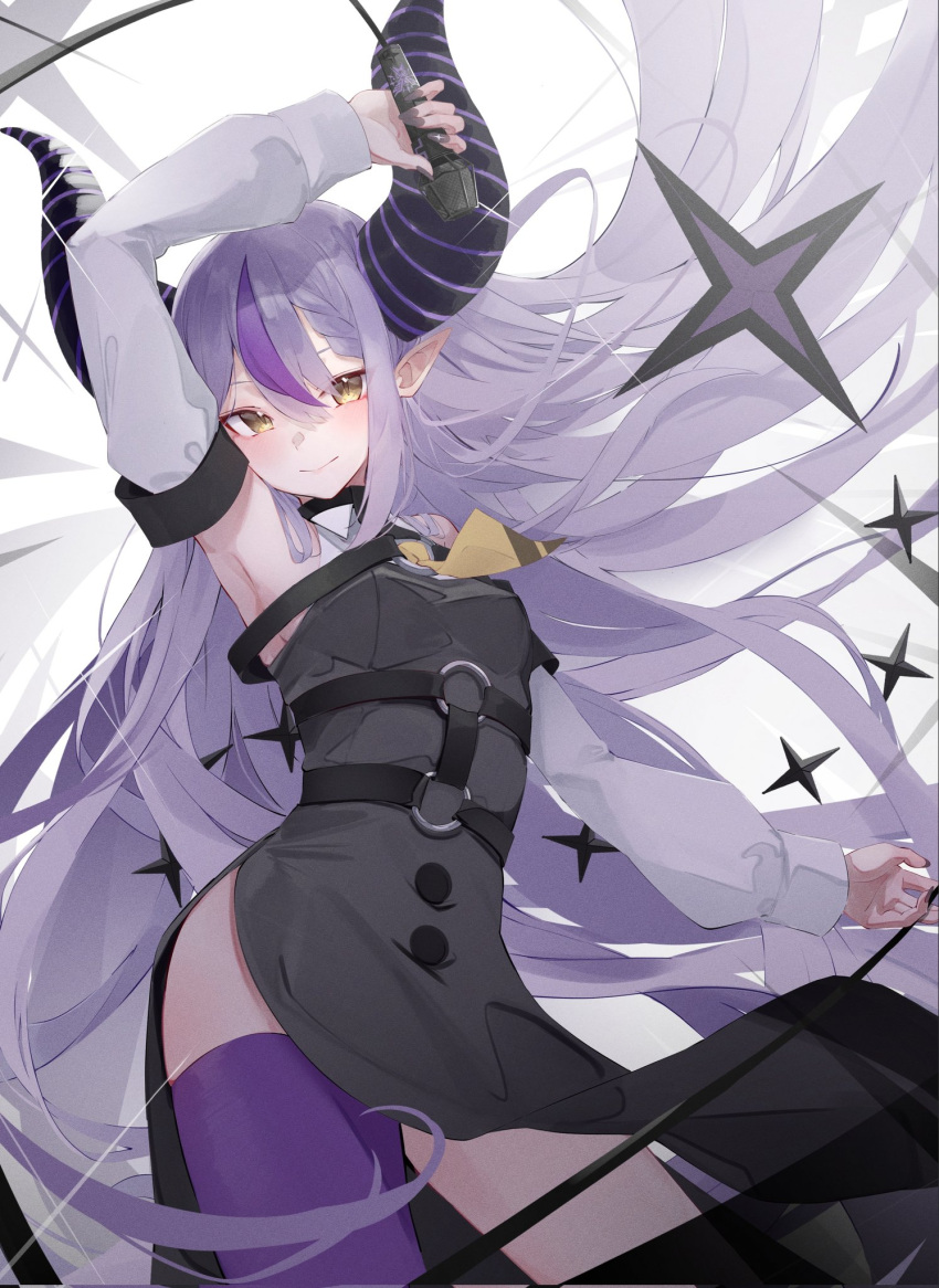 1girl ascot black_horns braid braided_bangs corrupted_twitter_file demon_horns detached_sleeves highres hololive holox horns la+_darknesss long_hair motoi_(croa76) multicolored_hair pointy_ears purple_hair purple_thighhighs single_thighhigh streaked_hair striped_horns thigh-highs very_long_hair virtual_youtuber white_hair yellow_ascot
