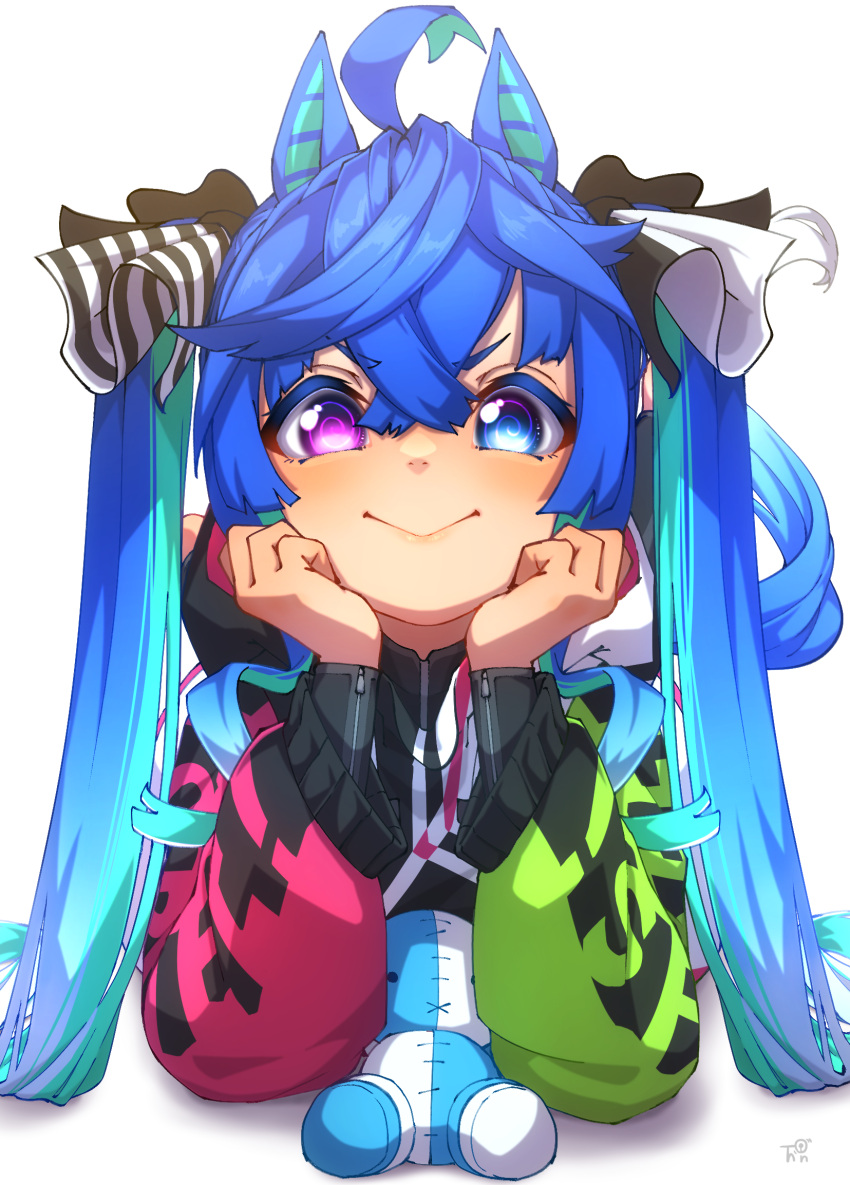 1girl :&gt; @_@ ahoge animal_ears aqua_hair black_bodysuit blue_eyes blue_hair bodysuit bodysuit_under_clothes bow closed_mouth commentary_request crossed_bangs hair_between_eyes hair_bow hands_on_own_cheeks hands_on_own_face heterochromia highres hood hoodie horse_ears horse_girl horse_tail long_hair long_sleeves looking_at_viewer multicolored_clothes multicolored_hair multicolored_hoodie sidelocks signature simple_background smile solo striped striped_bow stuffed_animal stuffed_rabbit stuffed_toy tail thin_(suzuneya) twin_turbo_(umamusume) twintails two-tone_hair umamusume v-shaped_eyebrows violet_eyes white_background