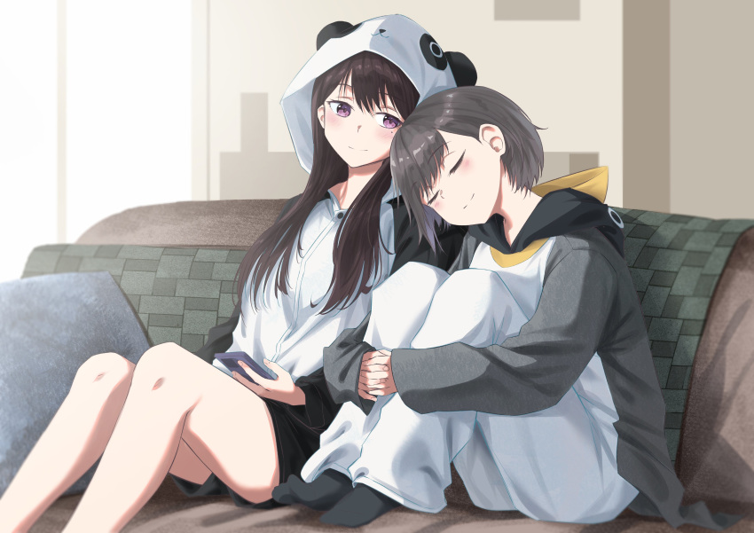 2girls absurdres bang_dream! bang_dream!_it's_mygo!!!!! bird blush brown_hair closed_eyes couch grey_hair head_on_another's_shoulder highres holding holding_phone hood hood_down hood_up hoodie hugging_own_legs interlocked_fingers knees_to_chest long_hair long_sleeves looking_at_another mole mole_under_eye multiple_girls on_couch onesie panda penguin phone raito_taisha shiina_taki short_hair shorts smile socks sweater takamatsu_tomori violet_eyes yuri