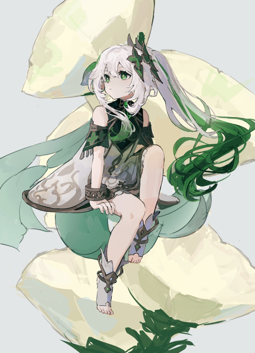 1girl aco_gbfg anklet bare_shoulders boots bracelet cape closed_mouth commentary detached_sleeves dress expressionless flower genshin_impact green_cape green_eyes green_hair green_sleeves hair_ornament highres jewelry leaf_hair_ornament long_hair looking_to_the_side nahida_(genshin_impact) side_ponytail sidelocks sitting solo stirrup_footwear very_long_hair white_dress white_footwear white_hair