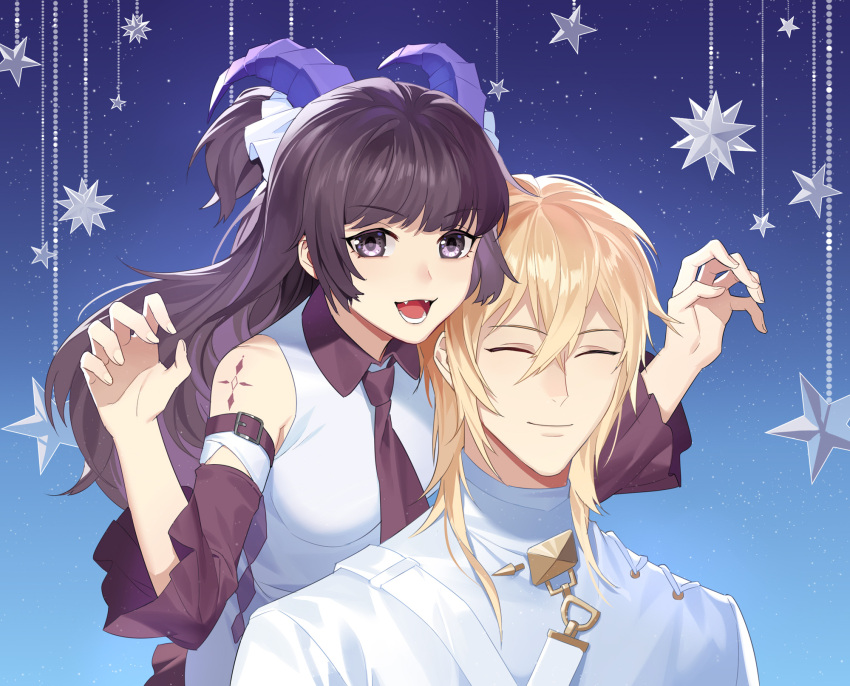 1boy 1girl :d ^_^ aquarius_(artist) arm_belt arm_tattoo black_hair blonde_hair blue_background brooch choppy_bangs claw_pose closed_eyes collared_shirt crossed_bangs curled_horns demon_girl demon_horns detached_sleeves facing_viewer fangs for_all_time gradient_background hair_between_eyes heroine_(for_all_time) highres horns jewelry long_hair long_sleeves looking_at_viewer luchen medium_hair necktie official_alternate_costume portrait purple_necktie purple_skirt purple_sleeves shirt skirt sleeveless sleeveless_shirt smile star_(symbol) stellated_octahedron tattoo teeth turtleneck two_side_up upper_body v-shaped_eyebrows violet_eyes white_shirt