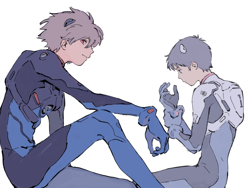 2boys black_hair blue_bodysuit bodysuit closed_mouth commentary frown grey_hair highres ikari_shinji interface_headset kgeroua light_smile looking_at_viewer male_focus multiple_boys nagisa_kaworu neon_genesis_evangelion plugsuit profile red_eyes short_hair simple_background skin_tight symbol-only_commentary white_background