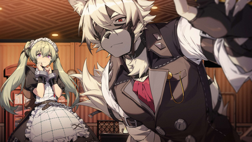 1boy 1girl absurdres animal_ear_fluff animal_ears apron bad_source butler corin_wickes cuffs frills furry furry_male green_hair highres maid maid_apron maid_headdress official_art red_eyes snout tail tears twintails vest von_lycaon white_fur white_hair wolf_boy wolf_ears wolf_tail zenless_zone_zero