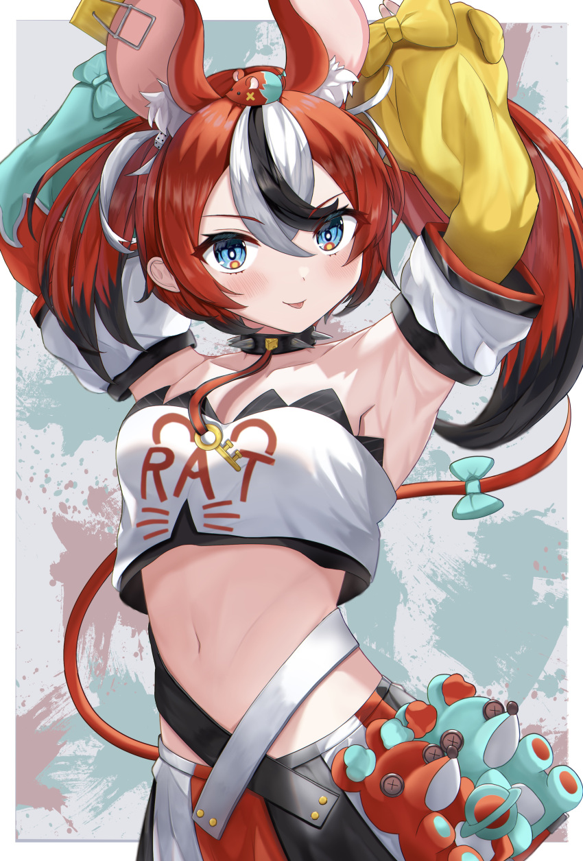 1girl absurdres animal_ears armpits arms_up black_hair collar hair_ornament hakos_baelz highres hololive key mouse_ears mouse_tail multicolored_clothes multicolored_hair navel redhead ribbon spiked_collar spikes streaked_hair tail tail_ornament tail_ribbon uneti_1 virtual_youtuber white_hair