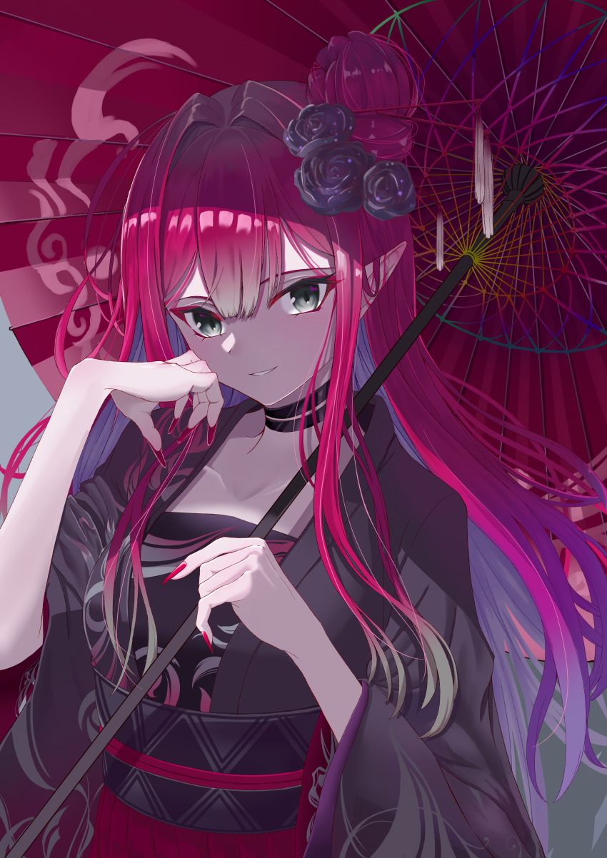 1girl a10_(avxv8374) absurdres baobhan_sith_(fate) black_choker chinese_clothes choker fairy_knight_tristan_(dream_portrait)_(fate) fate/grand_order fate_(series) flower grey_eyes hair_flower hair_ornament hand_on_own_face hanfu highres holding holding_umbrella long_hair looking_at_viewer nail_polish official_alternate_costume oil-paper_umbrella open_mouth pink_hair pointy_ears red_nails sidelocks smile solo teeth umbrella upper_body wide_sleeves